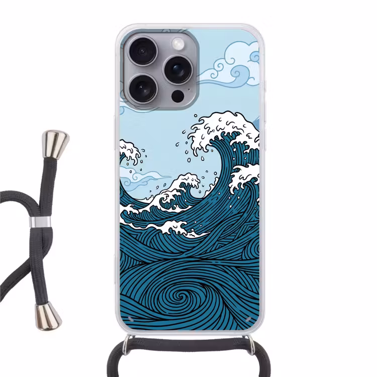Zee - Golven - Japans - Natuur - Blauw Hoesje iPhone 16 Pro Max met koord klein -3d