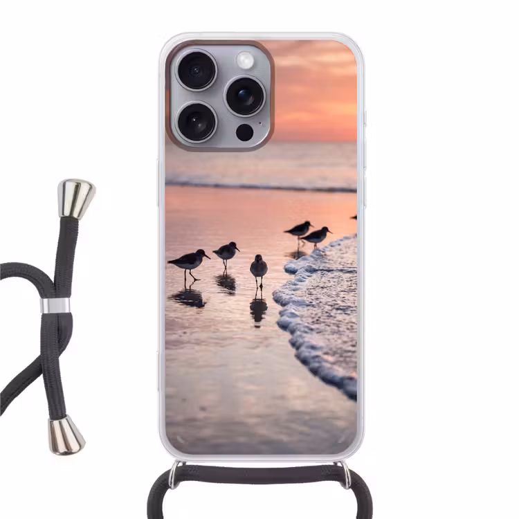 Meeuwen - Strand - Zee - Roze Hoesje iPhone 16 Pro Max met koord klein -3d