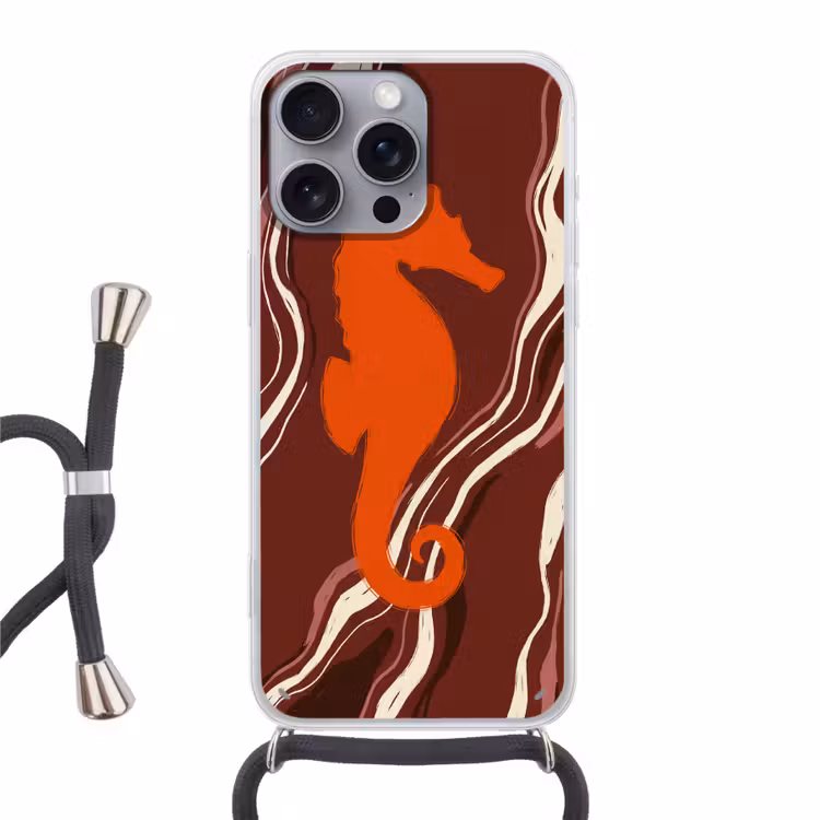 Zeepaardje - Golven - Zeeleven - Abstract - Oranje Hoesje iPhone 16 Pro Max met koord klein -3d