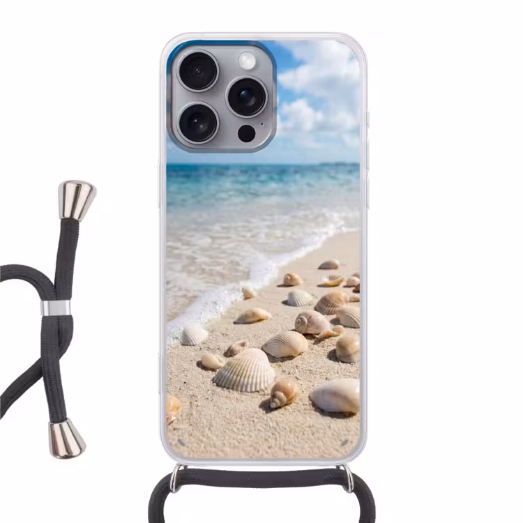 Schelpen - Strand - Natuur - Beige Hoesje iPhone 16 Pro Max met koord klein -3d