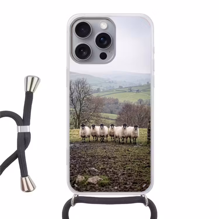 Schapen - Rij - Weide - Dieren - Platteland Hoesje iPhone 16 Pro Max met koord klein -3d