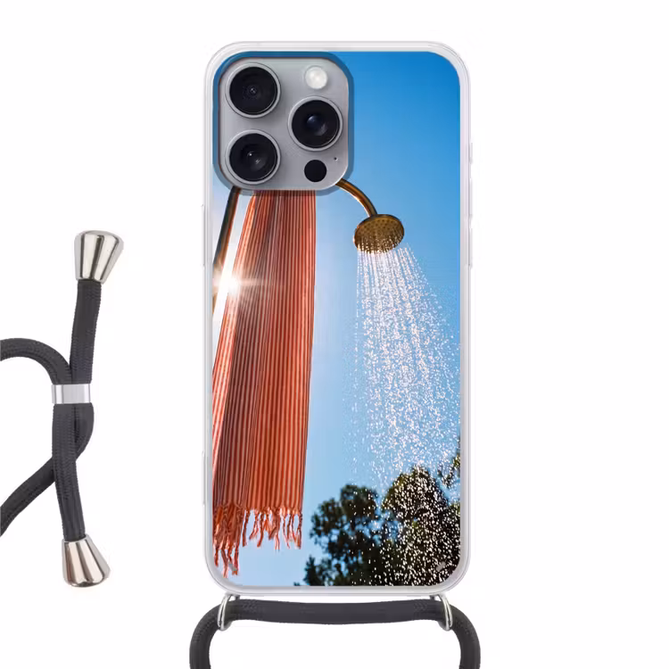 Douche - Water - Zomer - Blauw Hoesje iPhone 16 Pro Max met koord klein -3d