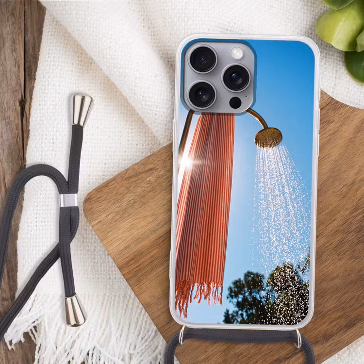 Douche - Water - Zomer - Blauw Hoesje iPhone 16 Pro Max met koord klein -sfeer4