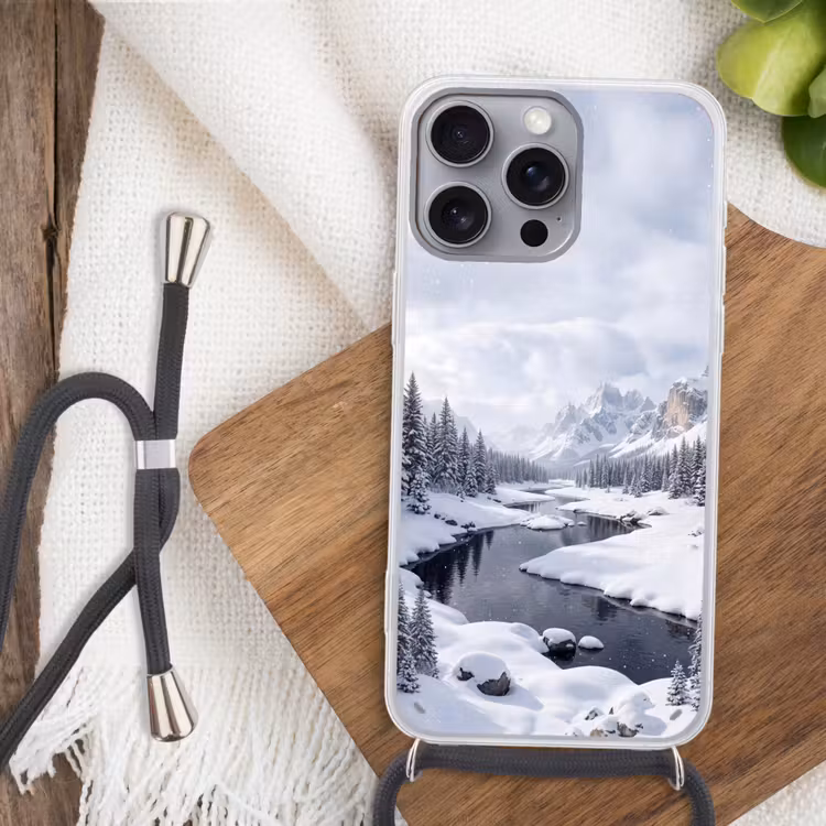 Sneeuwlandschap - Bergen - Rivier - Winter Hoesje iPhone 16 Pro Max met koord klein -sfeer4