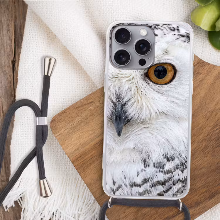 Sneeuwuil - Oog - Wildlife - Wit Hoesje iPhone 16 Pro Max met koord klein -sfeer4