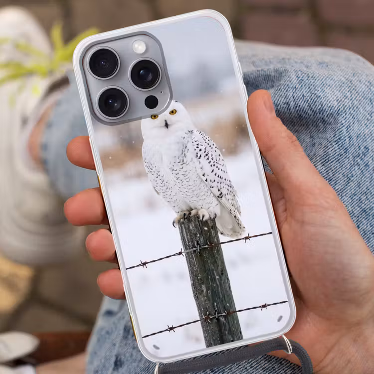 Sneeuwuil - Hek - Sneeuw - Wit Hoesje iPhone 16 Pro Max met koord klein -sfeer3