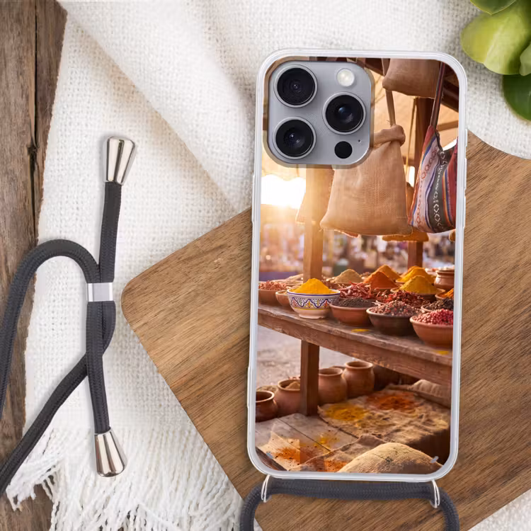 Phone case crossbody - Spices - Market - Colorful - Specerijen - Markt - Kleurrijk Hoesje iPhone 16 Pro Max met koord klein