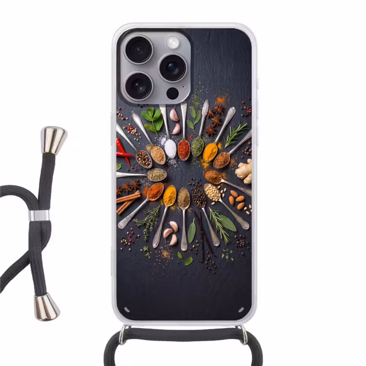 Kruiden - Lepels - Culinair - Kleurrijk - Sfeervol Hoesje iPhone 16 Pro Max met koord klein -3d