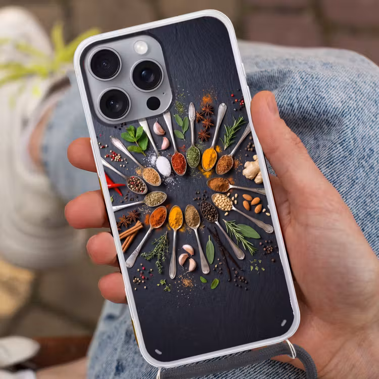 Kruiden - Lepels - Culinair - Kleurrijk - Sfeervol Hoesje iPhone 16 Pro Max met koord klein -sfeer3