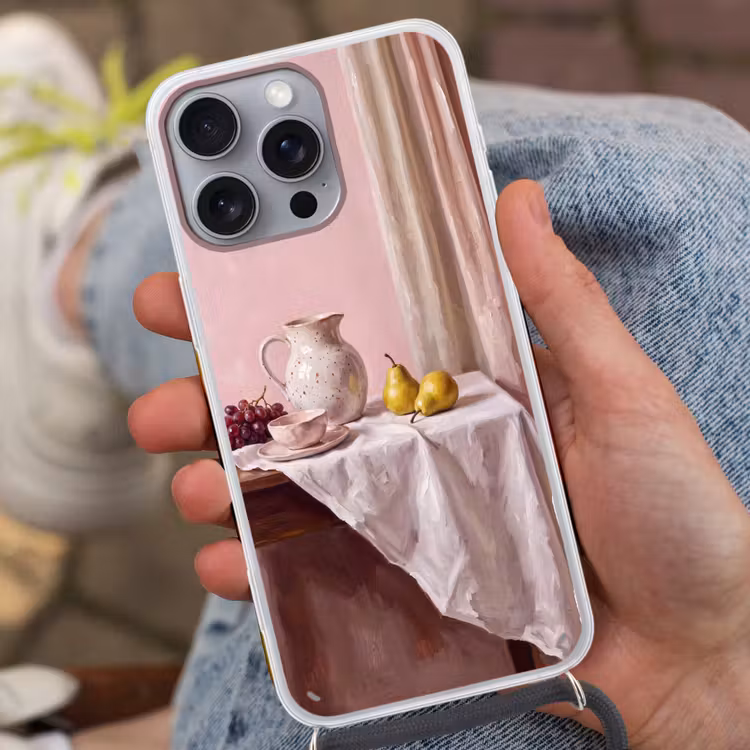 Phone case crossbody - Still Life - Fruit - Pink - Stilleven - Fruit - Roze Hoesje iPhone 16 Pro Max met koord klein