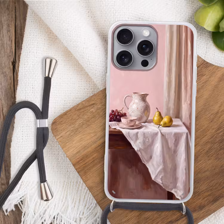 Phone case crossbody - Still Life - Fruit - Pink - Stilleven - Fruit - Roze Hoesje iPhone 16 Pro Max met koord klein