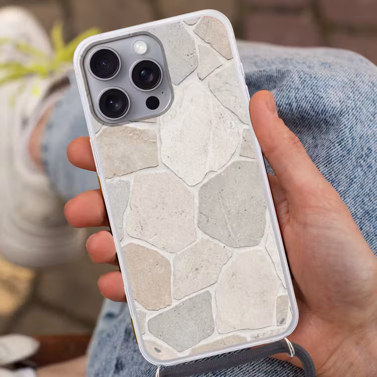 Steen - Patroon - Textuur - Beige Hoesje iPhone 16 Pro Max met koord klein -sfeer3