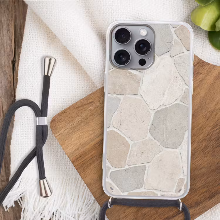 Steen - Patroon - Textuur - Beige Hoesje iPhone 16 Pro Max met koord klein -sfeer4