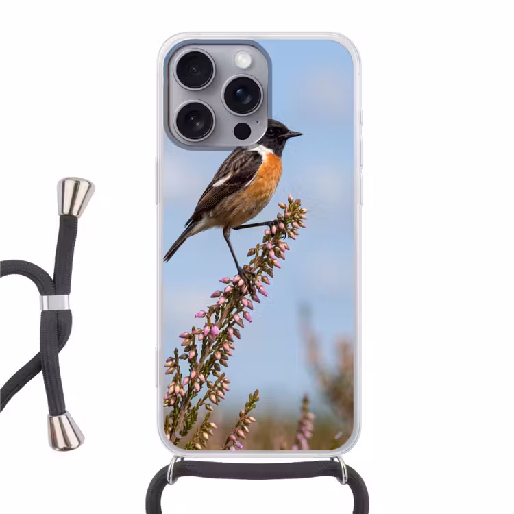 Roodborsttapuit - Heide - Paars - Natuur - Sfeervol Hoesje iPhone 16 Pro Max met koord klein -3d