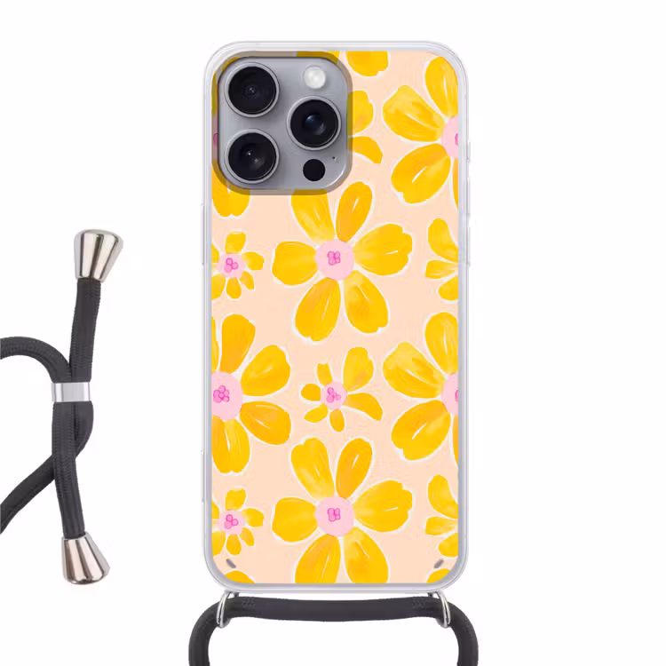 Zomers - Bloemen - Geel Hoesje iPhone 16 Pro Max met koord klein 804 -3d