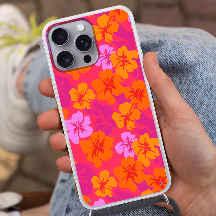 Zomers - Hibiscus - Kleurrijk Hoesje iPhone 16 Pro Max met koord klein 804 -sfeer3