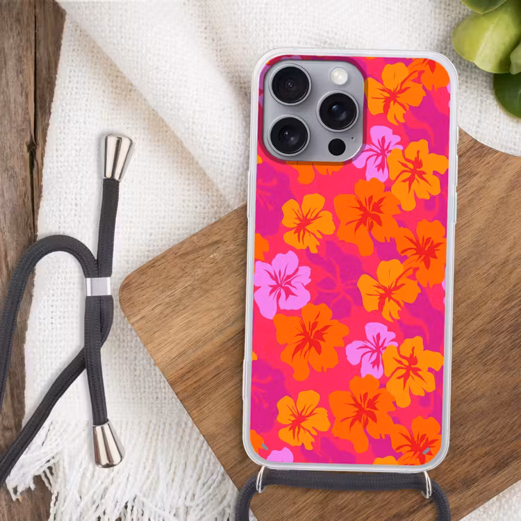 Zomers - Hibiscus - Kleurrijk Hoesje iPhone 16 Pro Max met koord klein 804 -sfeer4