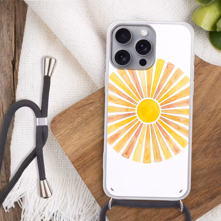 Zon - Stralen - Aquarel - Geel - Abstract Hoesje iPhone 16 Pro Max met koord klein -sfeer4