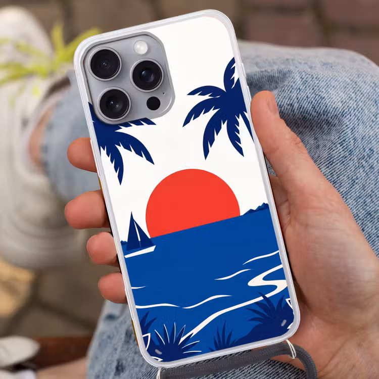 Zonsondergang - Zee - Palmboom - Tropisch - Modern Hoesje iPhone 16 Pro Max met koord klein -sfeer3