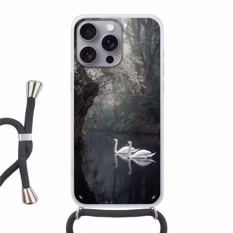 Zwanen - Rivier - Bos Hoesje iPhone 16 Pro Max met koord klein -3d
