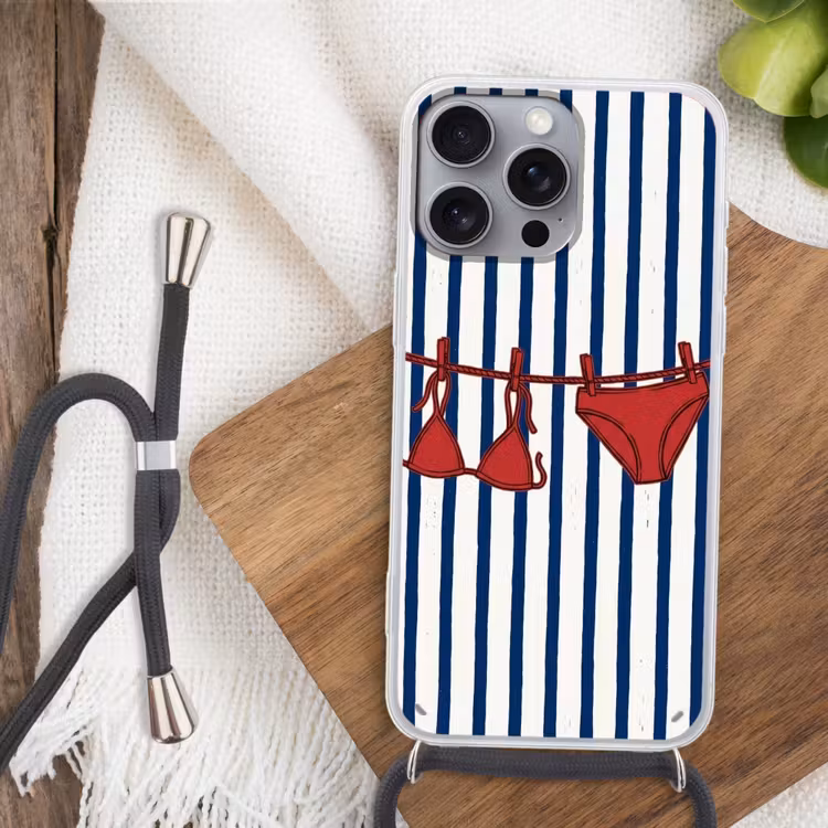 Badkleding - Waslijn - Zomer - Illustratie - Rood Hoesje iPhone 16 Pro Max met koord klein -sfeer4