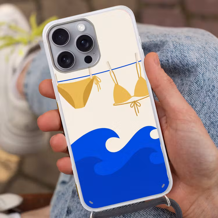 Zwemkleding - Zee - Zomer - Illustratie - Geel Hoesje iPhone 16 Pro Max met koord klein -sfeer3
