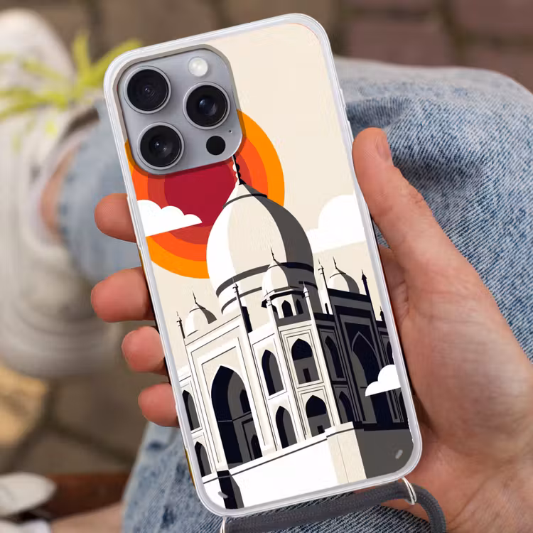Taj Mahal - Zon - Koepel - Architectuur - India - Grafisch Hoesje iPhone 16 Pro Max met koord klein -sfeer3