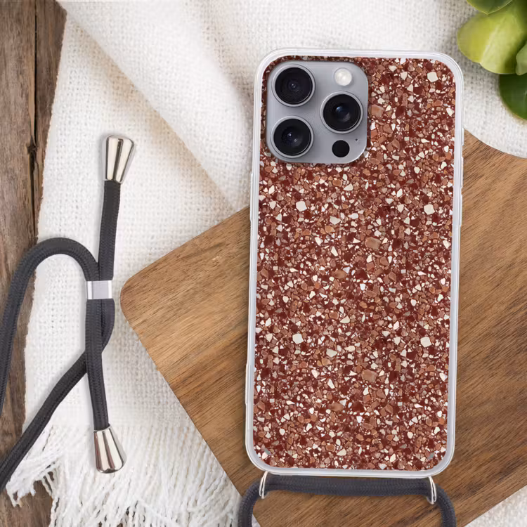 Terrazzo - Patroon - Steentextuur - Roodbruin Hoesje iPhone 16 Pro Max met koord klein 804 -sfeer4