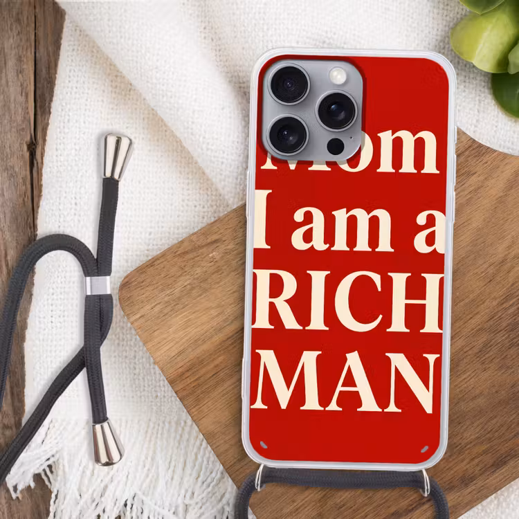 Tekst - Rijkdom - Motivatie - Rood - Modern Hoesje iPhone 16 Pro Max met koord klein -sfeer4