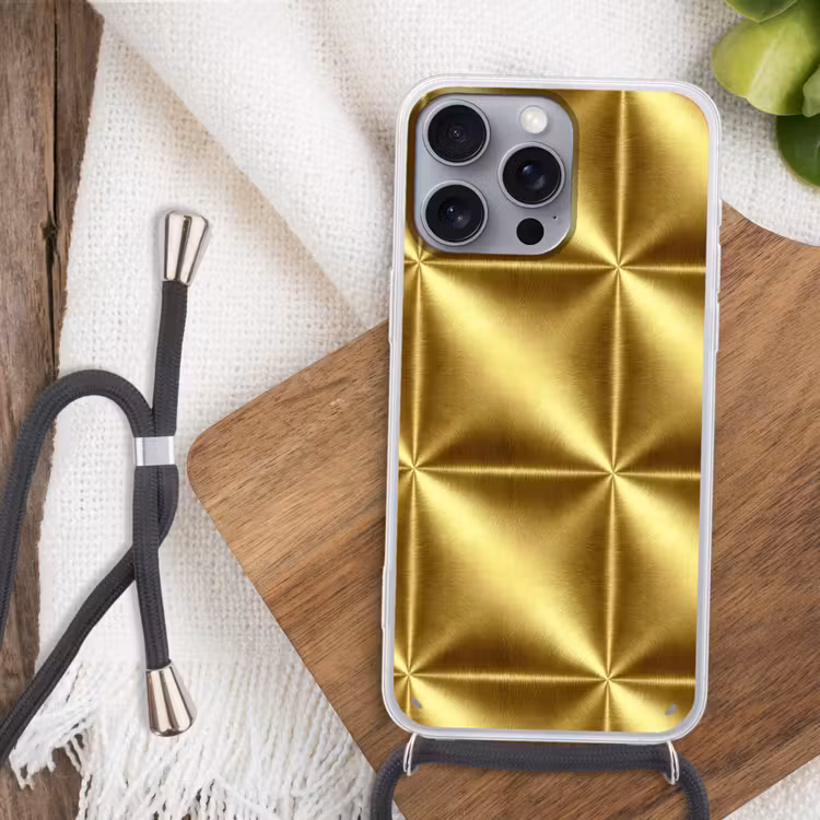 Textuur - Geborsteld Goud - Industrieel - Metallic Hoesje iPhone 16 Pro Max met koord klein 804 -sfeer4