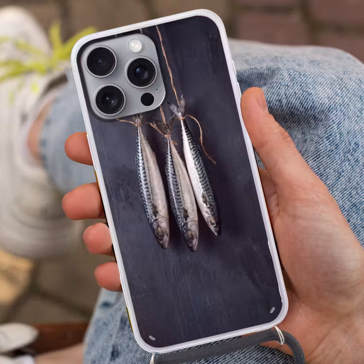 Phone case crossbody - Three Fish - Rope - Drie vissen - Touw Hoesje iPhone 16 Pro Max met koord klein