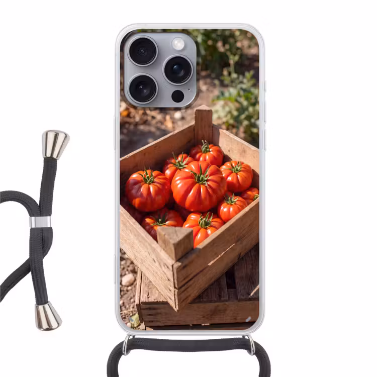 Phone case crossbody - Tomato - Wooden - Crate - Tomaat - Houten - Kist Hoesje iPhone 16 Pro Max met koord klein