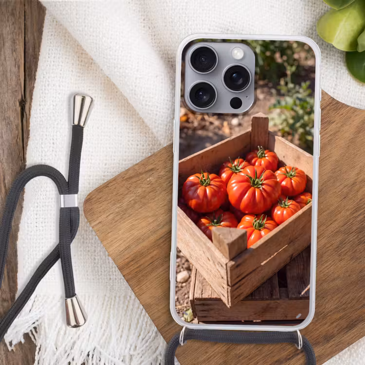 Phone case crossbody - Tomato - Wooden - Crate - Tomaat - Houten - Kist Hoesje iPhone 16 Pro Max met koord klein