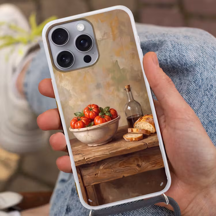 Phone case crossbody - Tomatoes - Bowl - Food - Tomaten - Kom - Eten Hoesje iPhone 16 Pro Max met koord klein