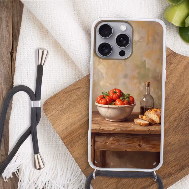 Phone case crossbody - Tomatoes - Bowl - Food - Tomaten - Kom - Eten Hoesje iPhone 16 Pro Max met koord klein