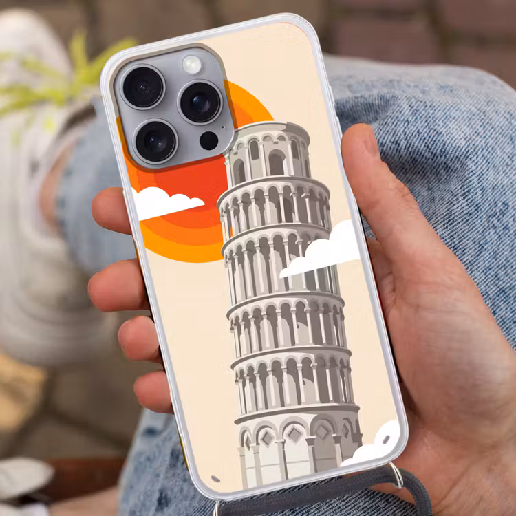 Toren - Pisa - Architectuur - Minimalistisch - Beige Hoesje iPhone 16 Pro Max met koord klein -sfeer3