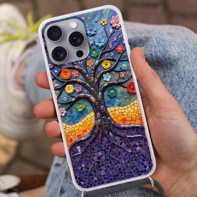 Levensboom - Mozaïek - Bloemen - Kleurrijk - Vrolijk Hoesje iPhone 16 Pro Max met koord klein -sfeer3