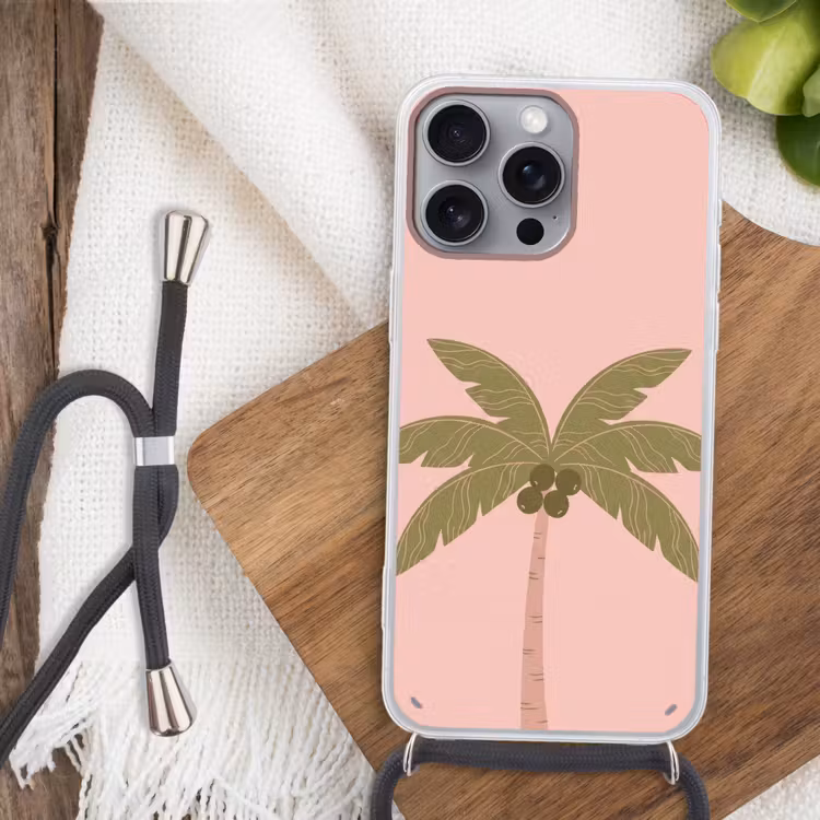 Boom - Palm - Natuur - Illustratie - Roze Hoesje iPhone 16 Pro Max met koord klein -sfeer4