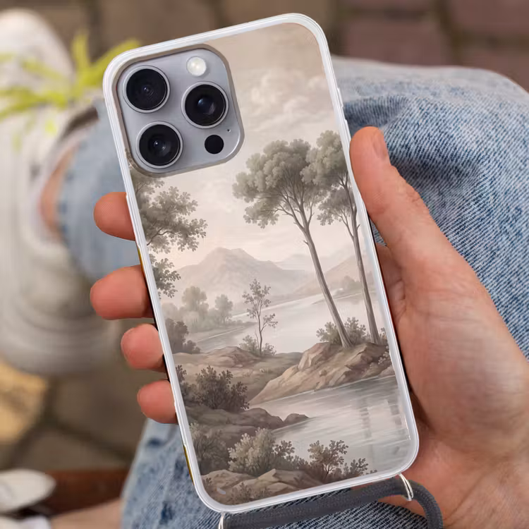 Bomen - Meer - Bergen - Illustratie Hoesje iPhone 16 Pro Max met koord klein -sfeer3