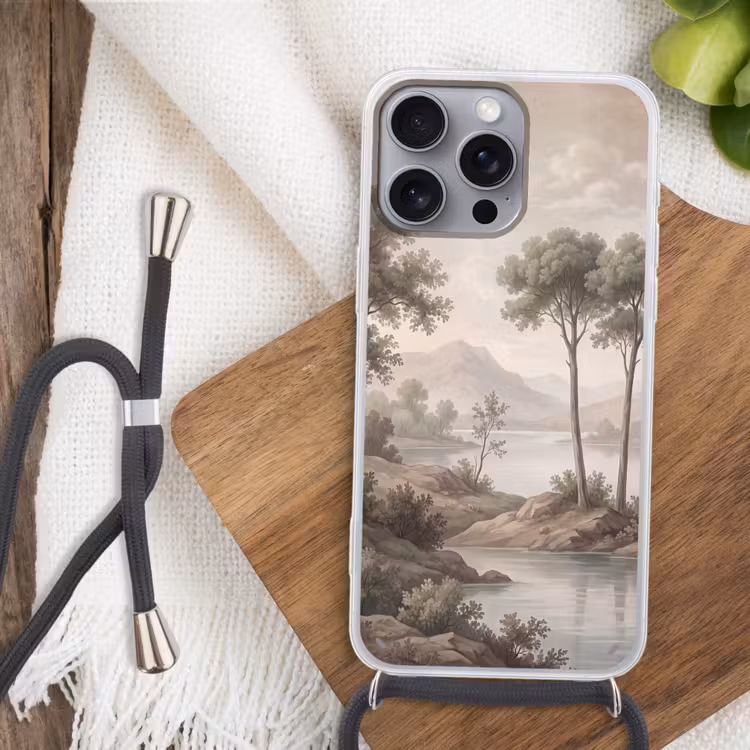 Bomen - Meer - Bergen - Illustratie Hoesje iPhone 16 Pro Max met koord klein -sfeer4