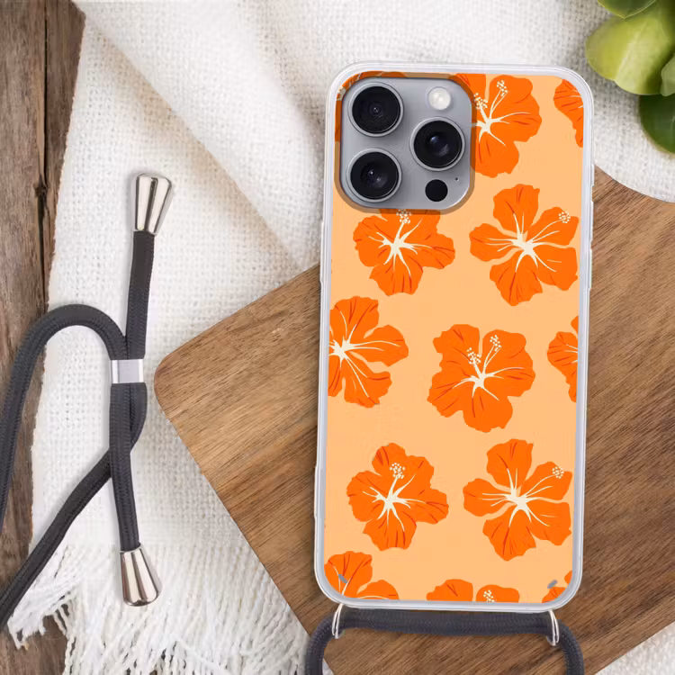 Tropisch - Hibiscus - Oranje Hoesje iPhone 16 Pro Max met koord klein 804 -sfeer4