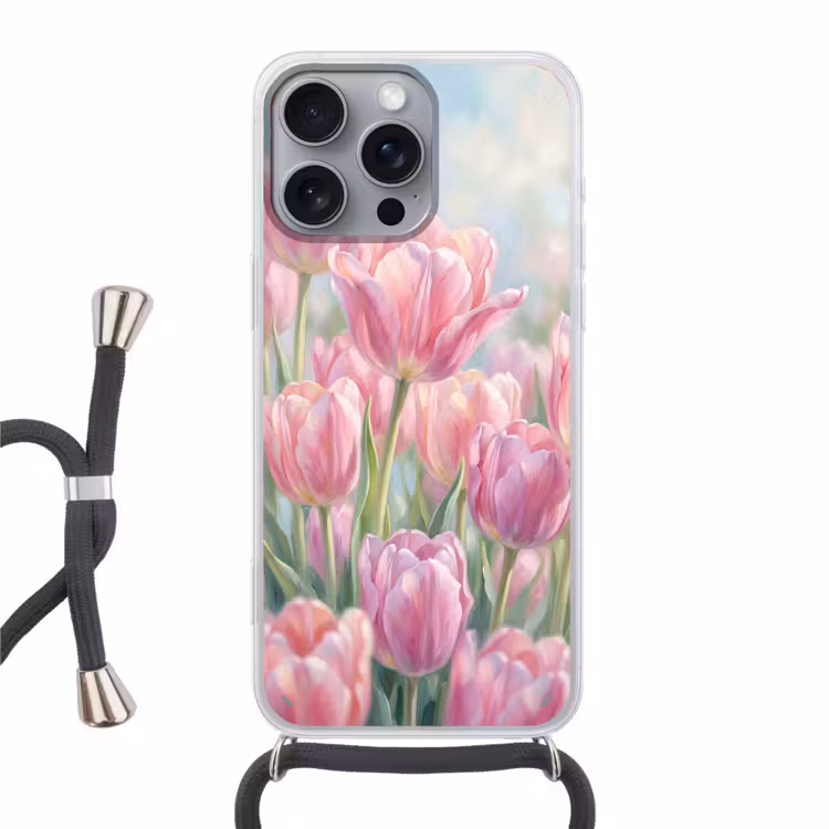 Tulpen - Veld - Lente - Roze Hoesje iPhone 16 Pro Max met koord klein -3d