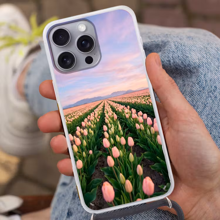 Tulpen - Landschap - Roze Hoesje iPhone 16 Pro Max met koord klein -sfeer3