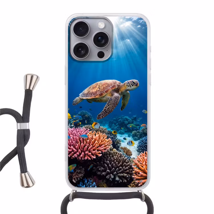 Schildpad - Koraalrif - Oceaan - Dieren - Blauw Hoesje iPhone 16 Pro Max met koord klein -3d