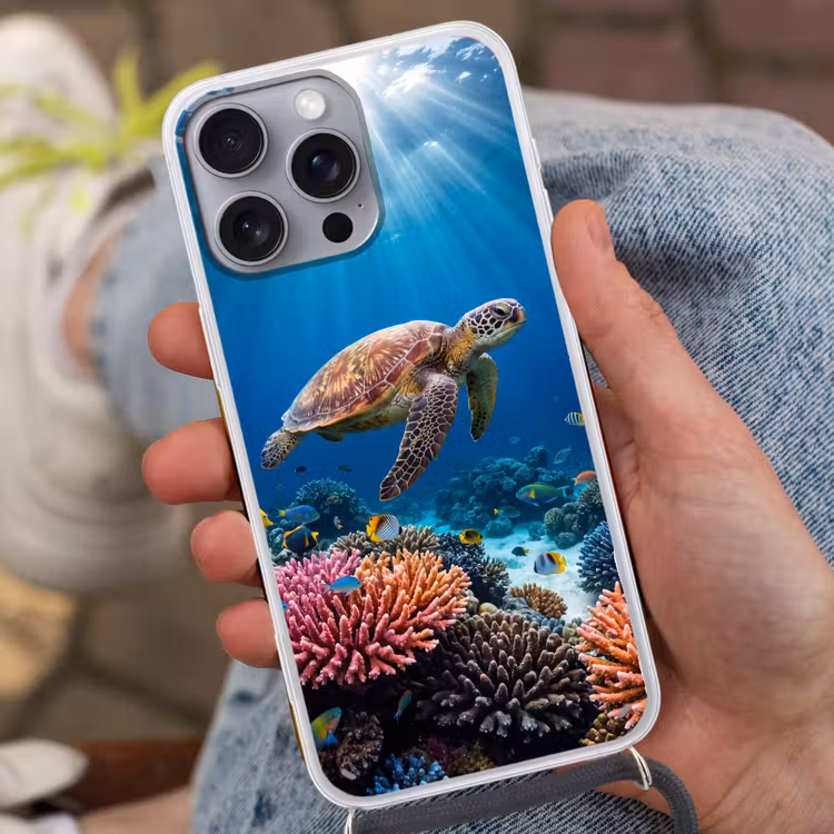 Schildpad - Koraalrif - Oceaan - Dieren - Blauw Hoesje iPhone 16 Pro Max met koord klein -sfeer3