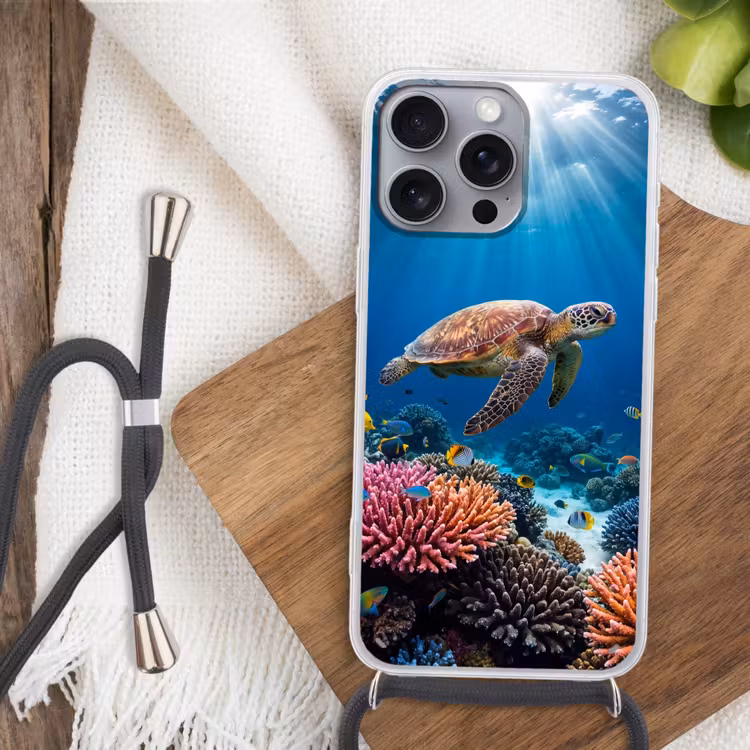 Schildpad - Koraalrif - Oceaan - Dieren - Blauw Hoesje iPhone 16 Pro Max met koord klein -sfeer4