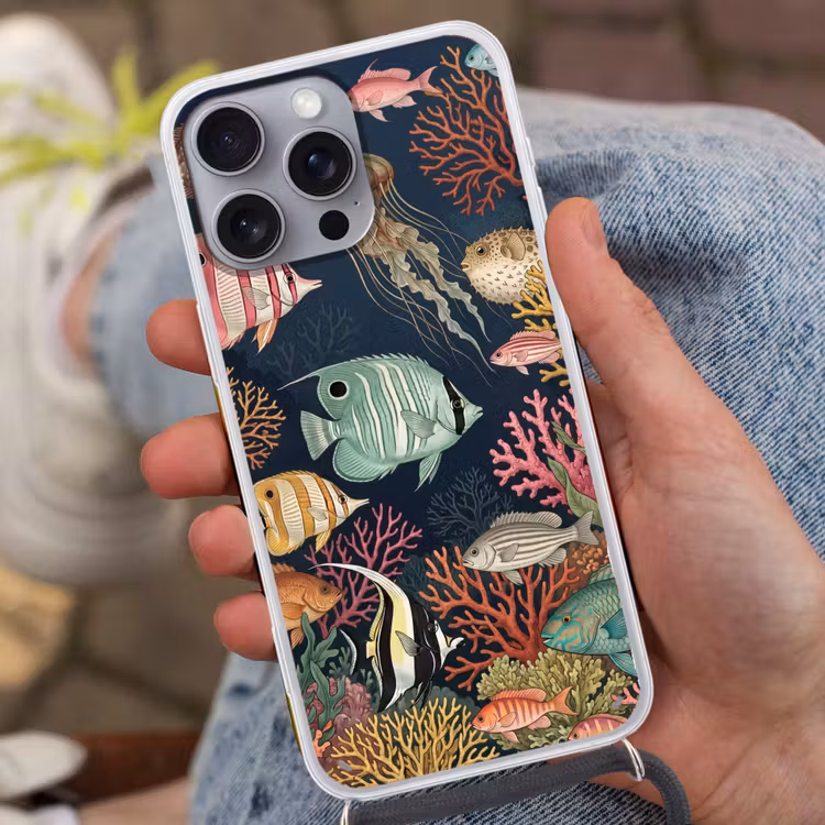 Onderwaterwereld - Vissen - Koraal - Illustratie - Kleurrijk Hoesje iPhone 16 Pro Max met koord klein -sfeer3
