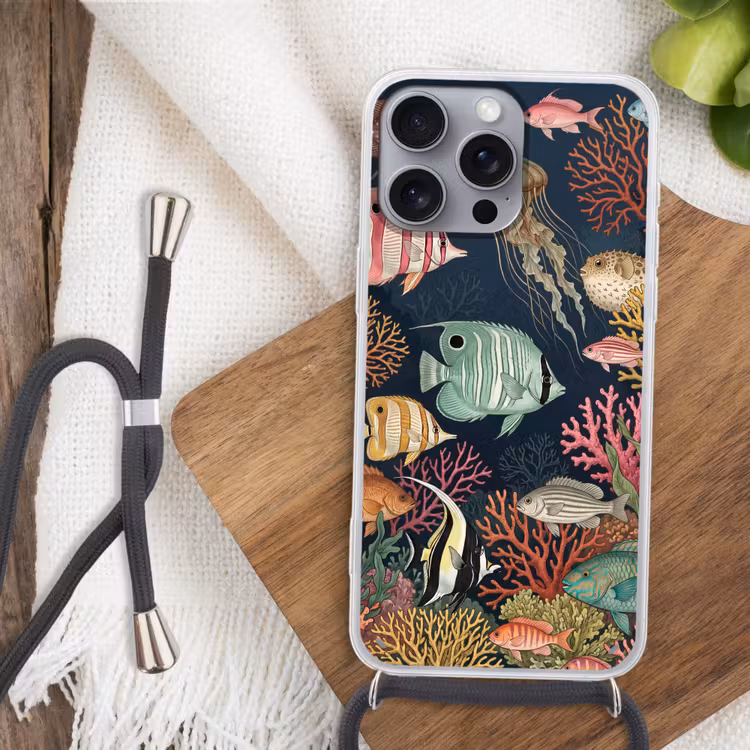 Onderwaterwereld - Vissen - Koraal - Illustratie - Kleurrijk Hoesje iPhone 16 Pro Max met koord klein -sfeer4