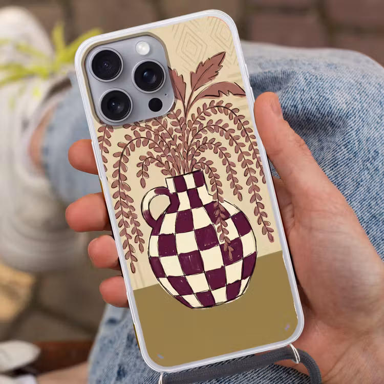 Vaas - Geruit - Planten - Modern - Paars Hoesje iPhone 16 Pro Max met koord klein -sfeer3