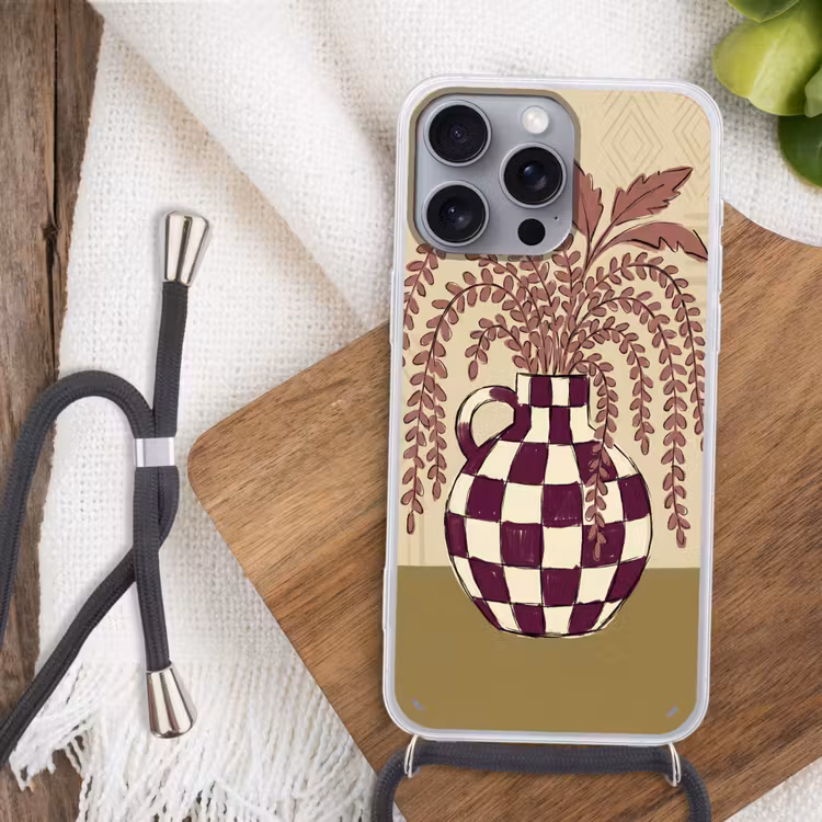 Vaas - Geruit - Planten - Modern - Paars Hoesje iPhone 16 Pro Max met koord klein -sfeer4